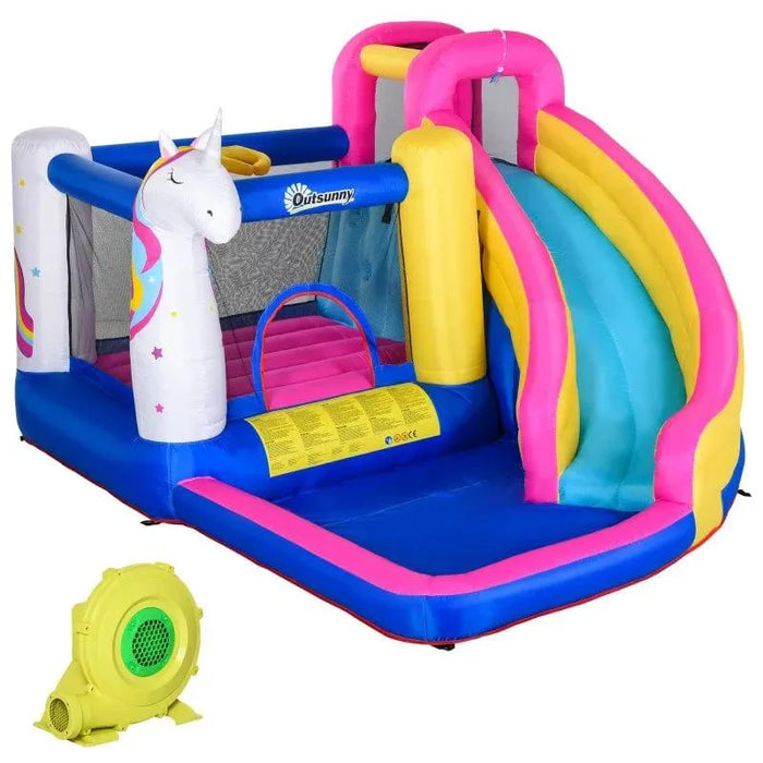Colorful unicorn-themed inflatable bouncy castle with slide, pool, and blower for kids.