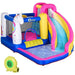Colorful unicorn bouncy castle water park with slide, pool, trampoline, and blower