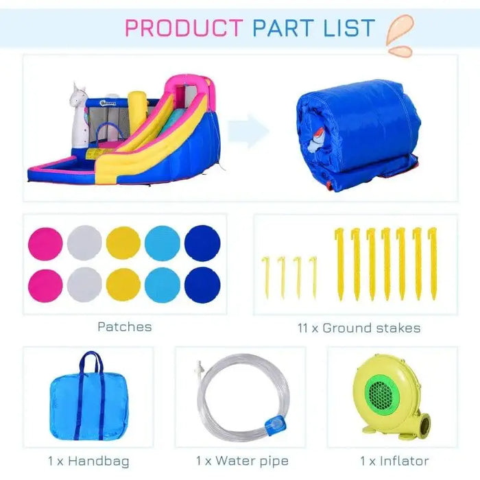 5-in-1 unicorn bouncy castle water park with slide, patches, ground stakes, handbag, water pipe, and inflator