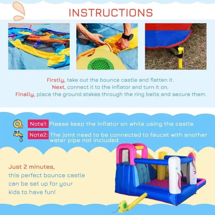 Instructions for setting up 5-in-1 unicorn bouncy castle water park with inflator and stakes