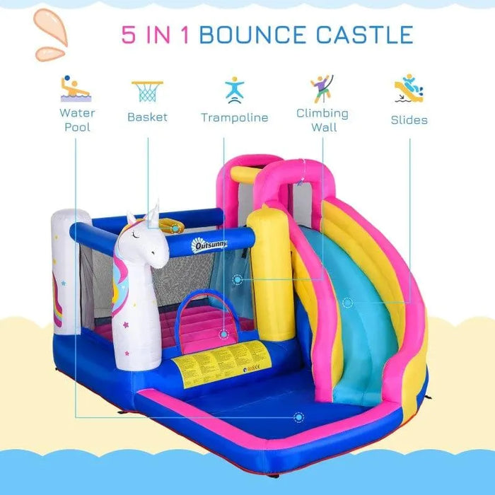 Colorful 5-in-1 unicorn bouncy castle with slide, pool, trampoline, basketball hoop, climbing wall