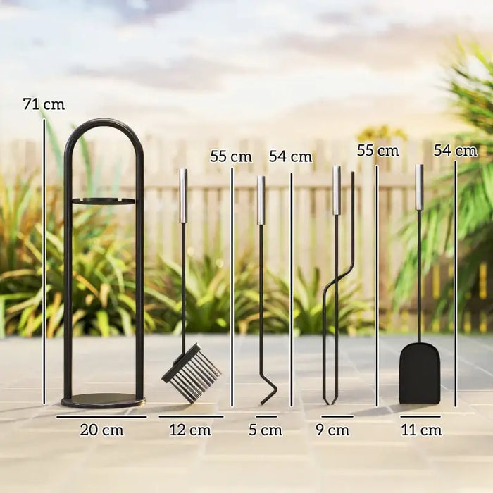 5-Piece Fireplace Companion Set – Poker, Shovel, Broom, Tongs and Stand | Black Metal Fireside Tools OUTSUNNY - Little and Giant Explorers Outsunny