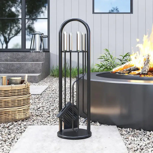 5-Piece Fireplace Companion Set – Poker, Shovel, Broom, Tongs and Stand | Black Metal Fireside Tools OUTSUNNY - Little and Giant Explorers Outsunny