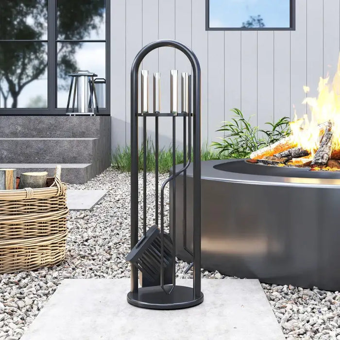 5-Piece Fireplace Companion Set – Poker, Shovel, Broom, Tongs and Stand | Black Metal Fireside Tools OUTSUNNY - Little and Giant Explorers Outsunny