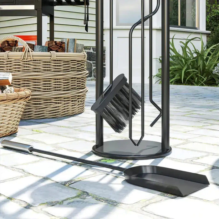 5-Piece Fireplace Companion Set – Poker, Shovel, Broom, Tongs and Stand | Black Metal Fireside Tools OUTSUNNY - Little and Giant Explorers Outsunny