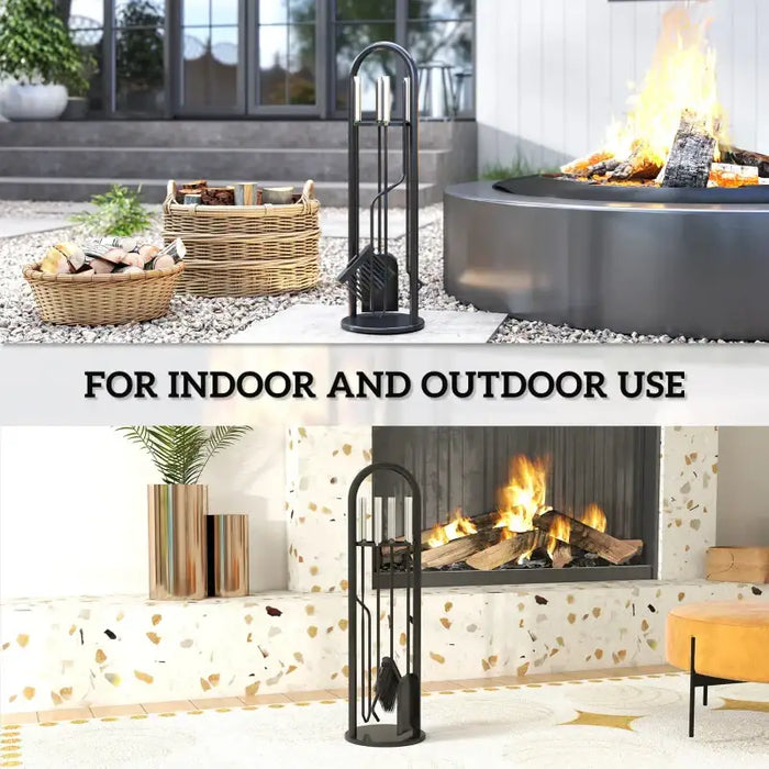 5-Piece Fireplace Companion Set – Poker, Shovel, Broom, Tongs and Stand | Black Metal Fireside Tools OUTSUNNY - Little and Giant Explorers Outsunny