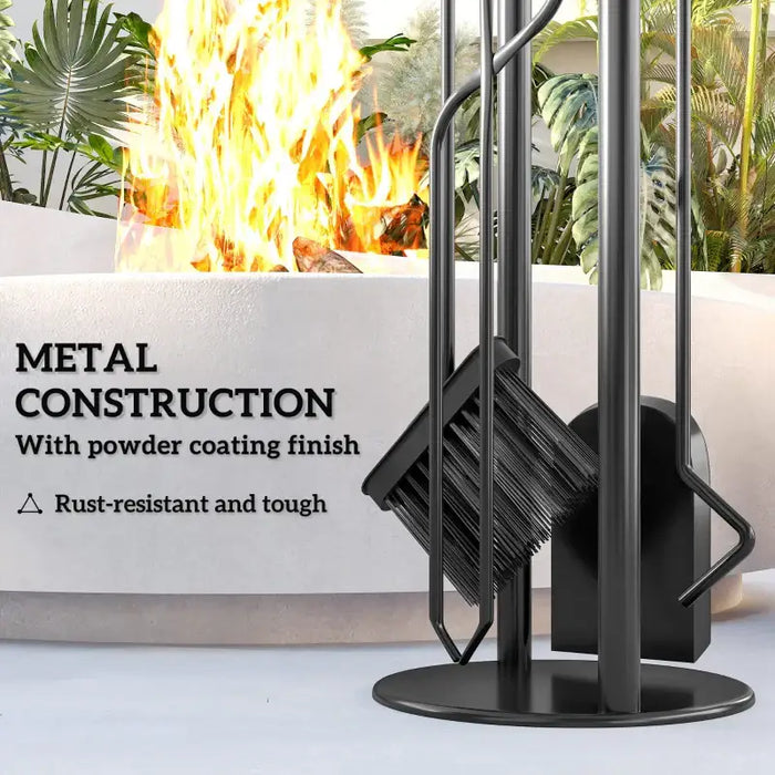 5-Piece Fireplace Companion Set – Poker, Shovel, Broom, Tongs and Stand | Black Metal Fireside Tools OUTSUNNY - Little and Giant Explorers Outsunny