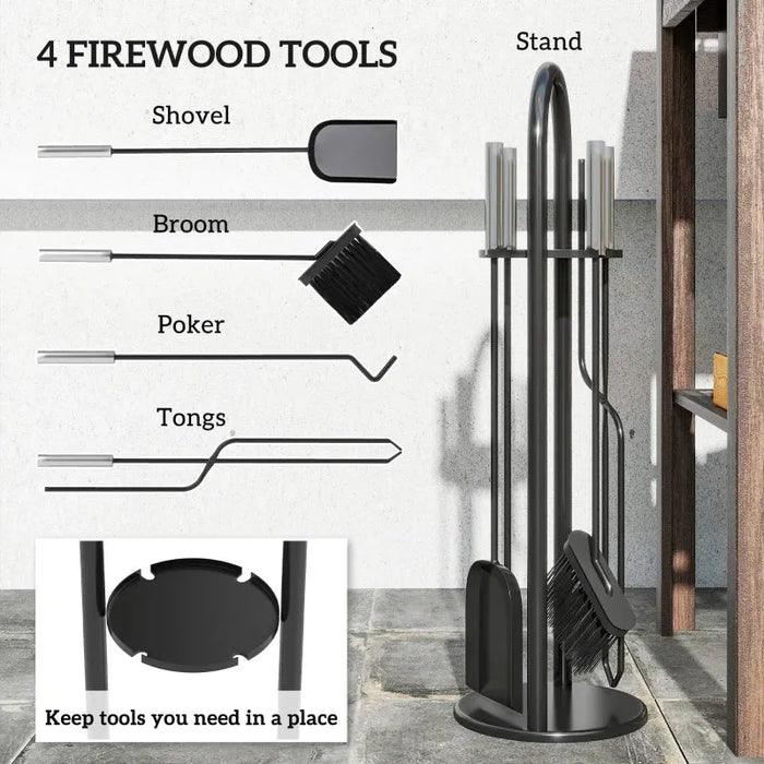5-Piece Fireplace Companion Set – Poker, Shovel, Broom, Tongs and Stand | Black Metal Fireside Tools OUTSUNNY - Little and Giant Explorers Outsunny