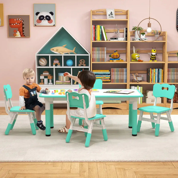 5-Piece Kids Adjustable Table and Chair Set – Green | Graffiti Desktop - 4 Stackable Chairs COSTWAY - Little and Giant Explorers Costway