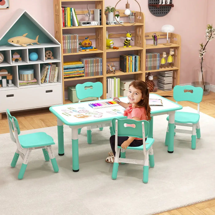 5-Piece Kids Adjustable Table and Chair Set – Green | Graffiti Desktop - 4 Stackable Chairs COSTWAY - Little and Giant Explorers Costway