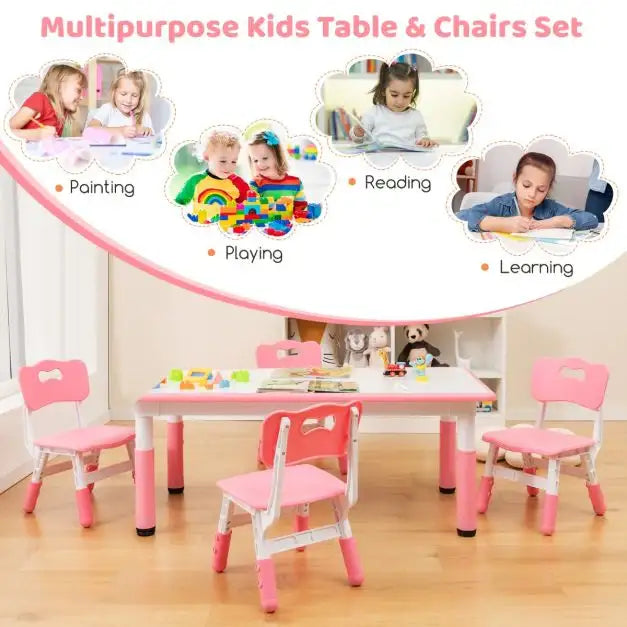 5-Piece Kids Adjustable Table and Chair Set – Green | Graffiti Desktop - 4 Stackable Chairs COSTWAY - Little and Giant Explorers Costway
