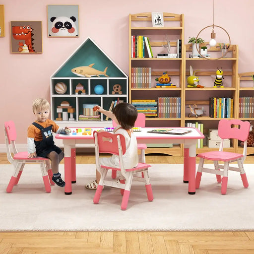 5-Piece Kids Adjustable Table and Chair Set – Pink | Graffiti Desktop - 4 Stackable Chairs COSTWAY - Little and Giant Explorers Costway