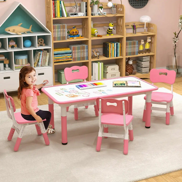 5-Piece Kids Adjustable Table and Chair Set – Pink | Graffiti Desktop - 4 Stackable Chairs COSTWAY - Little and Giant Explorers Costway