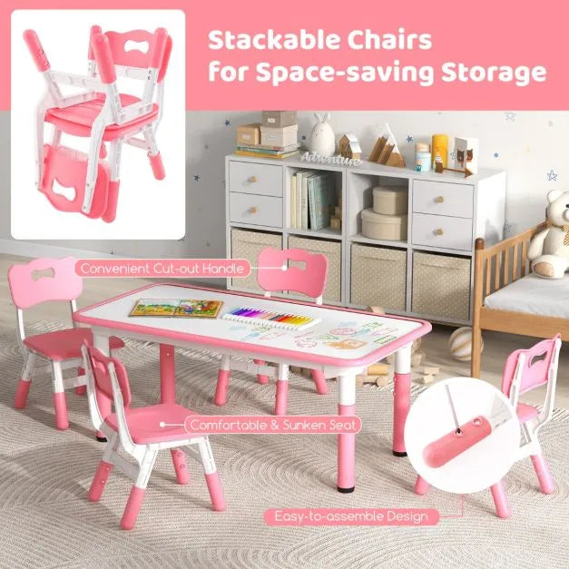 5-Piece Kids Adjustable Table and Chair Set – Pink | Graffiti Desktop - 4 Stackable Chairs COSTWAY - Little and Giant Explorers Costway