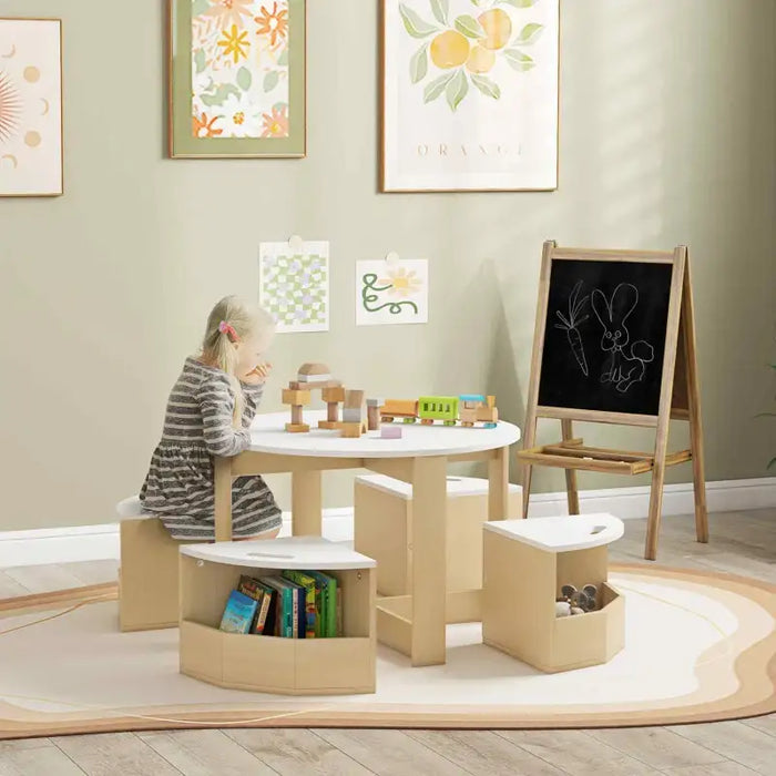 5-Piece Kids Desk and Chair Set – White & Natural Wood | Table with Storage Chairs AIYAPLAY - Little and Giant Explorers AIYAPLAY