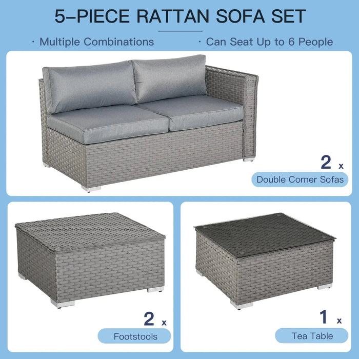 5 Piece PE Rattan Wicker Corner Sofa Set with Cushions in Grey - Little and Giant Explorers Outsunny