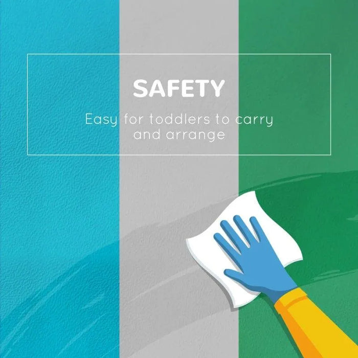 Gloved hand wiping soft foam play mat with safety message for toddlers.