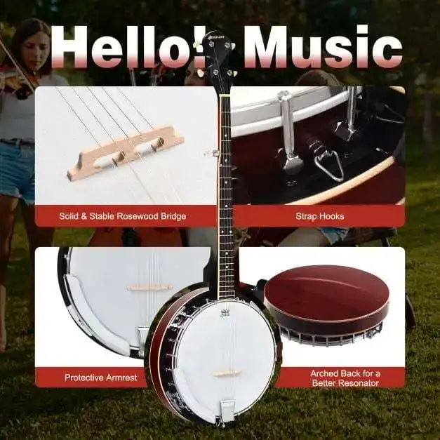 5-String Banjo Multi-Wood | Frosted Remo Head with Detachable Resonator - Little and Giant Explorers Costway