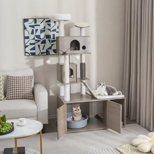 5-Tier Cat Tree – Grey with Plush Perches, Hidden Litter Box and Sisal Posts | COSTWAY - Little and Giant Explorers Costway