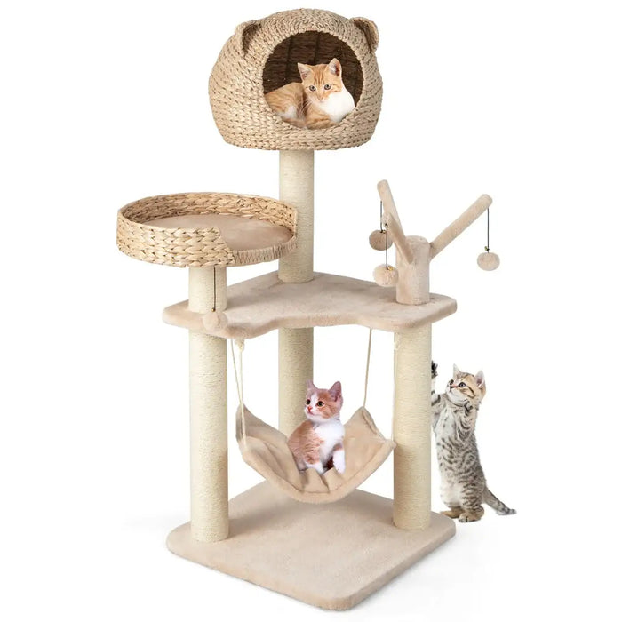 5-Layer Cat Tree Natural | Hand-Woven Cattail Basket with Sisal Rope Posts - Little and Giant Explorers Costway