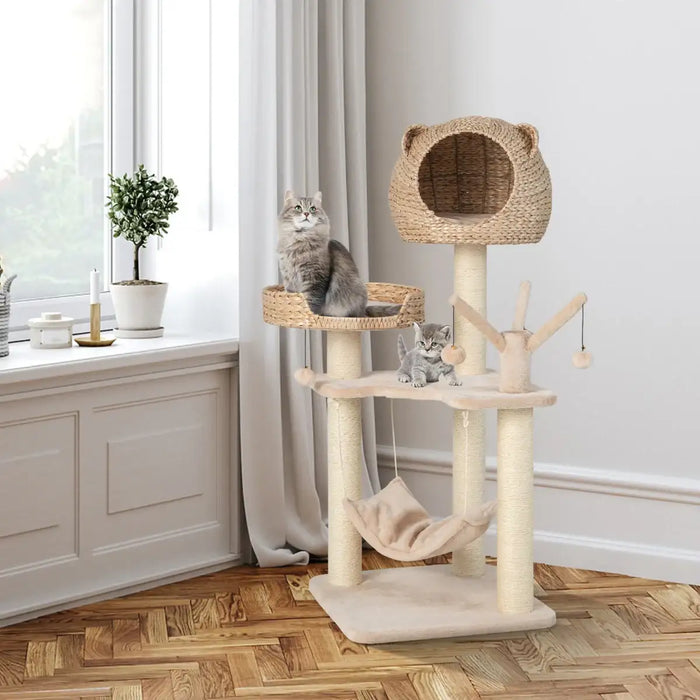 5-Layer Cat Tree Natural | Hand-Woven Cattail Basket with Sisal Rope Posts - Little and Giant Explorers Costway