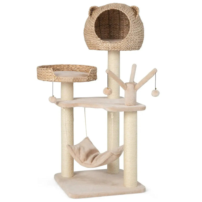 5-Layer Cat Tree Natural | Hand-Woven Cattail Basket with Sisal Rope Posts - Little and Giant Explorers Costway