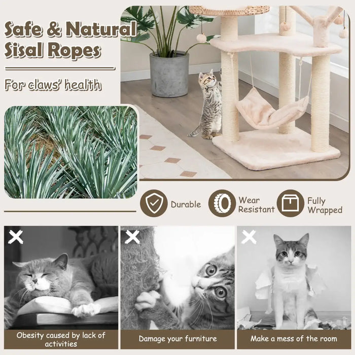 5-Layer Cat Tree Natural | Hand-Woven Cattail Basket with Sisal Rope Posts - Little and Giant Explorers Costway