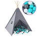 Gray kids' teepee tent filled with white, grey, and mint green baby play balls, 6cm diameter