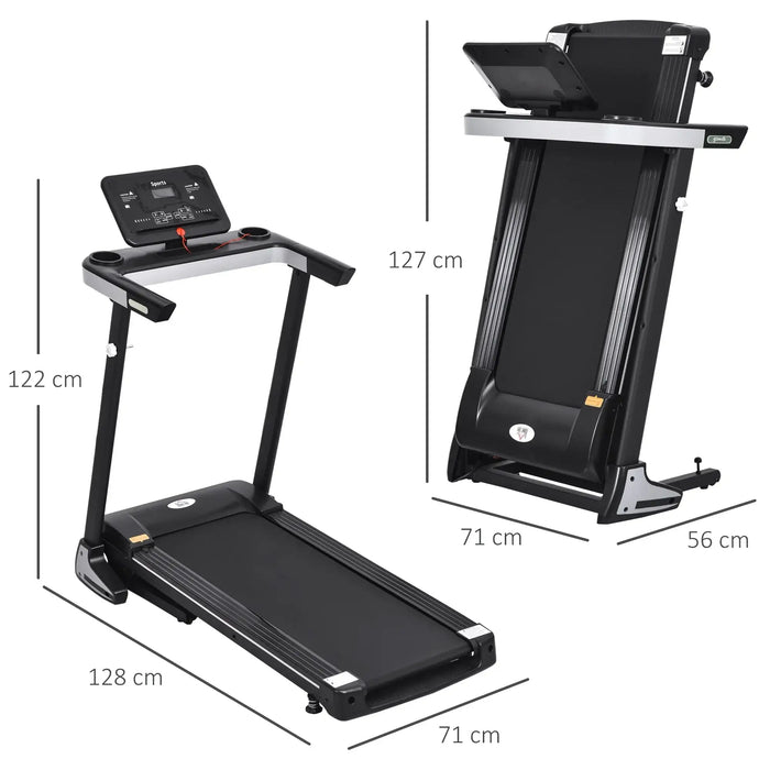 Foldable treadmill with dimensions labeled on a white background