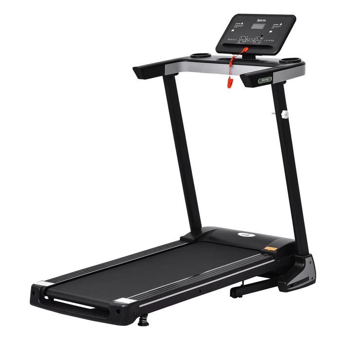 Black treadmill with a digital display on a white background