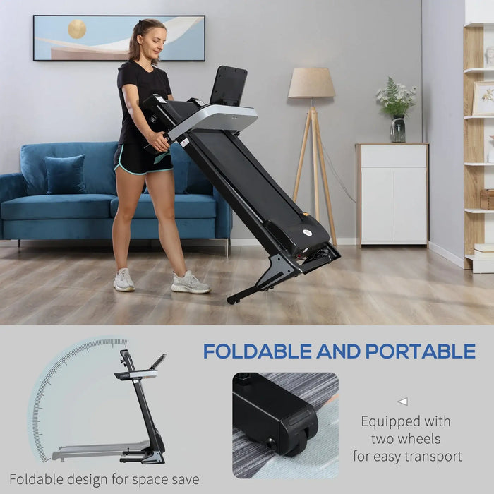 Woman using a portable treadmill in a living room with text highlighting its foldable and portable features.