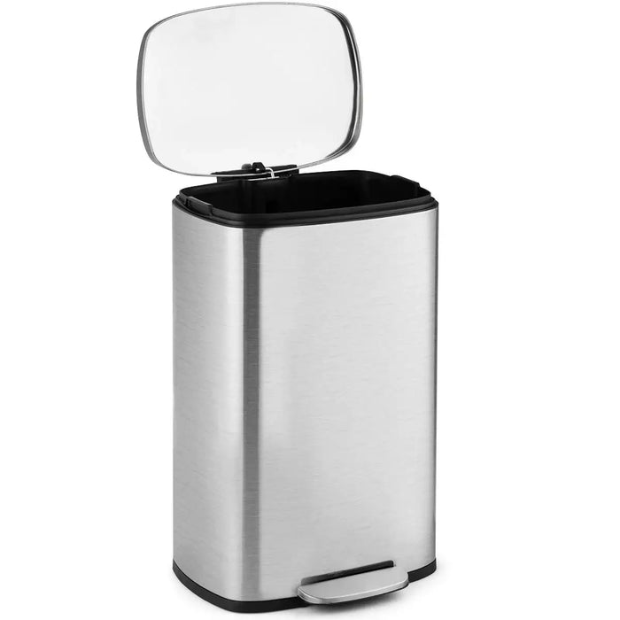 Silver trash can with a clear lid on a white background