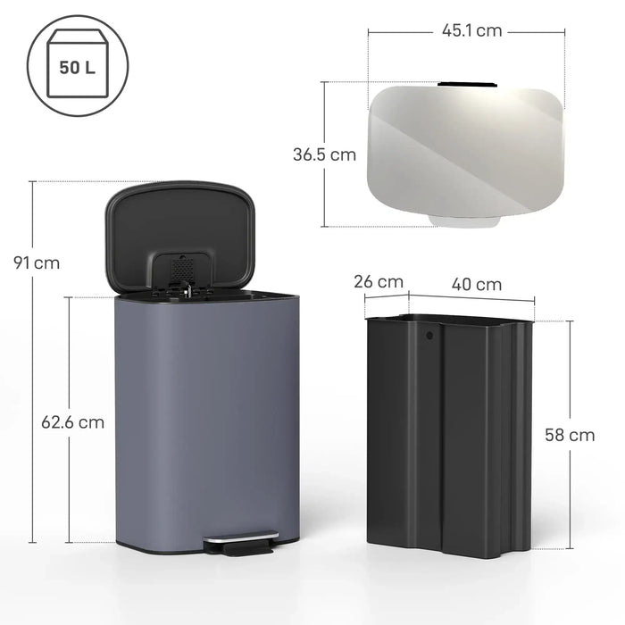 Dimensions of a trash can and a wall-mounted light fixture on a white background