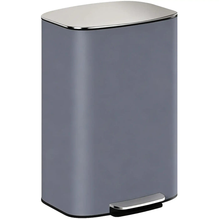 Gray trash can with a metallic lid on a white background