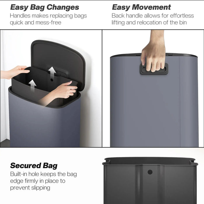 Product features of a trash bin with text on ease of bag changes, movement, and security.
