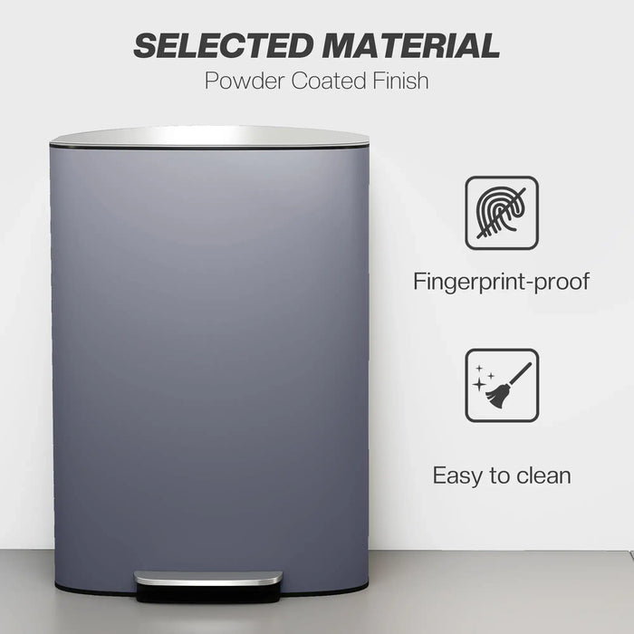 Gray trash bin with 'Powder Coated Finish' text and icons on a white background