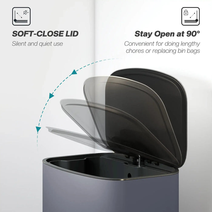 Gray trash bin with open black lid on a white background, featuring text about soft-close lid and staying open at 90 degrees.