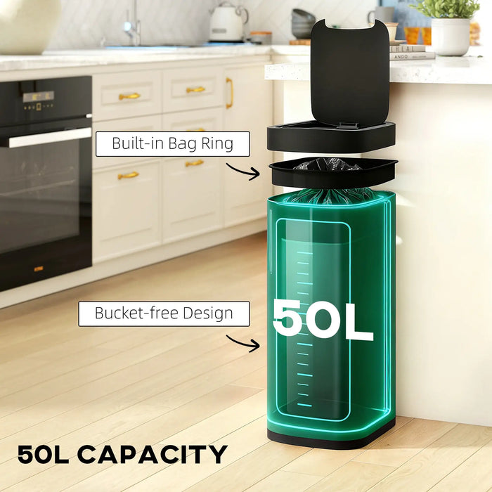 50L capacity green touchless sensor trash bin with built-in bag ring and bucket-free design in modern kitchen