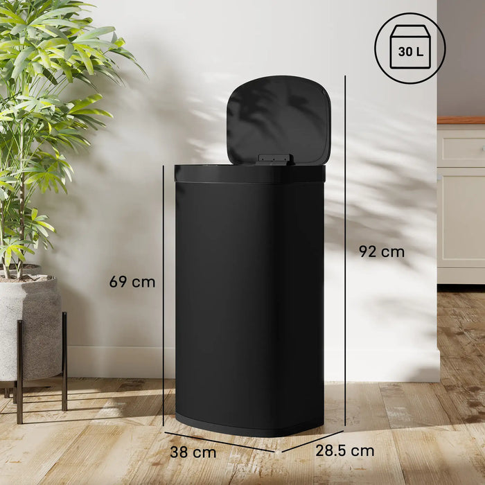 Black trash bin with dimensions labeled in a home setting