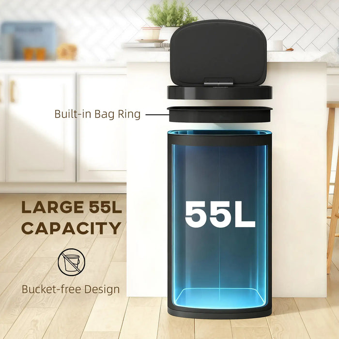Black trash bin with blue interior labeled '55L' in a kitchen setting