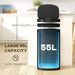 Black trash bin with blue interior labeled '55L' in a kitchen setting