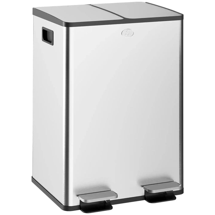 Metallic trash can with step pedal on a white background