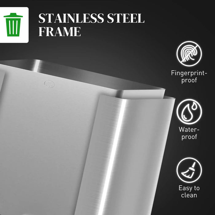 Stainless steel frame with features like fingerprint-proof, waterproof, and easy to clean on a dark background.