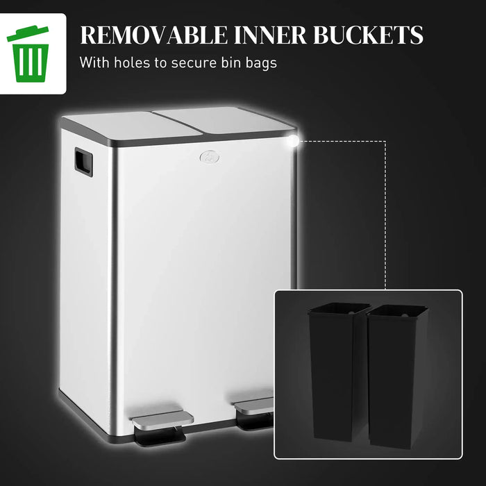 Silver trash bin with removable inner buckets on a dark background