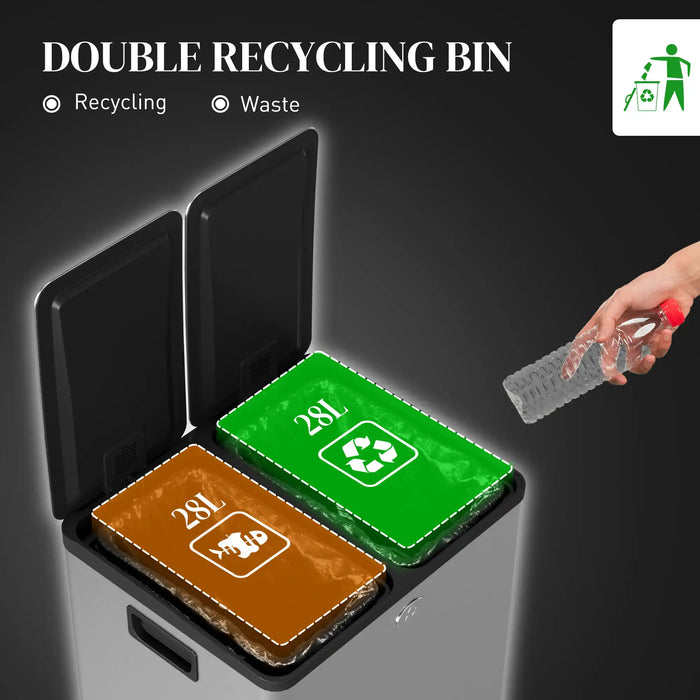 Double recycling bin with green and brown compartments, labeled for recycling and waste, on a dark background.