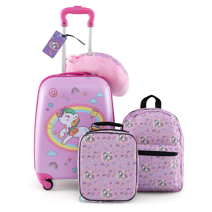 5-Piece Kids Travel Luggage Set - Pink | Backpack, Lunch Bag and Neck Pillow COSTWAY