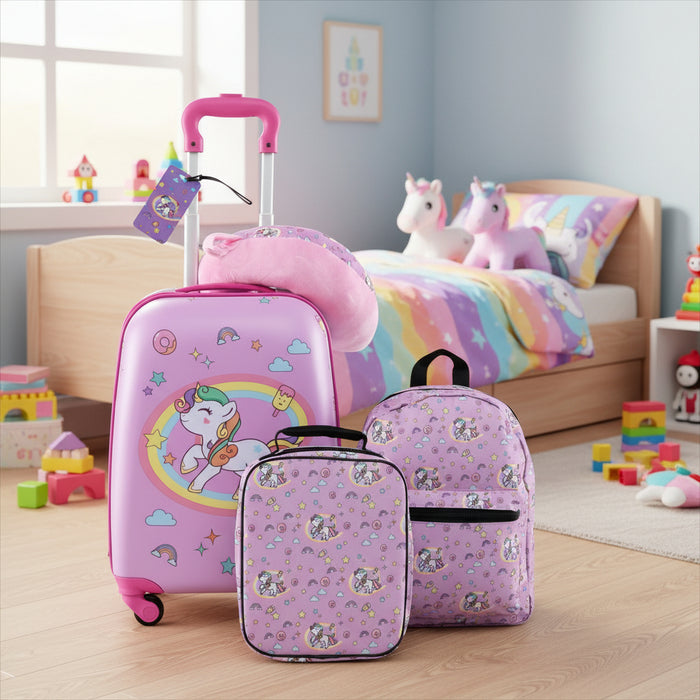 5-Piece Kids Travel Luggage Set - Pink | Backpack, Lunch Bag and Neck Pillow COSTWAY