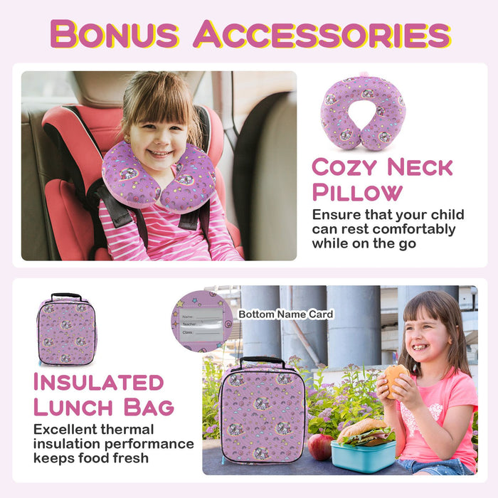 5-Piece Kids Travel Luggage Set - Pink | Backpack, Lunch Bag and Neck Pillow COSTWAY