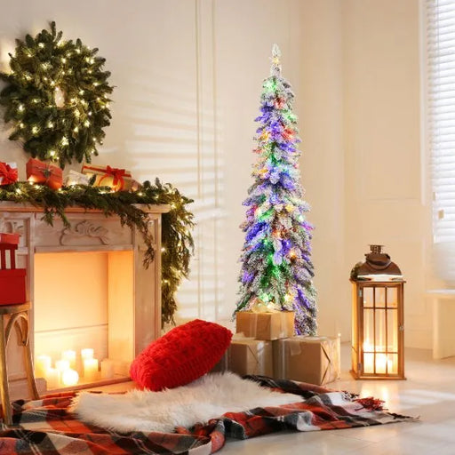 5ft Pre-Lit Snow-Flocked Pencil Christmas Tree | Slim Design - 100/150 LED Lights COSTWAY - Little and Giant Explorers Costway