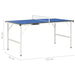 Blue compact 5ft ping pong table with white frame, net, and size dimensions displayed
